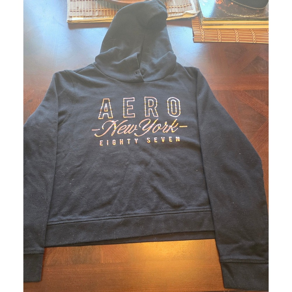 Aeropostale Womens XL Black Aero New York Eighty Seven Graphic Pullover Hoodie